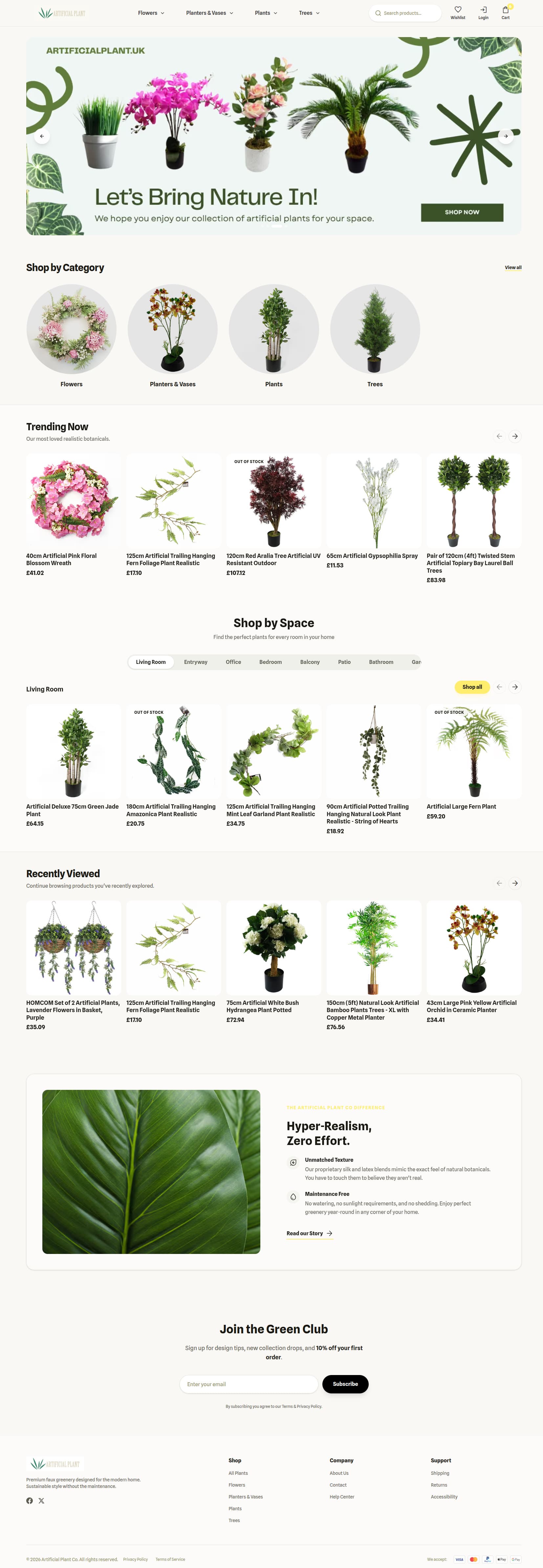 Artificial Plant Co ecommerce homepage with hero, categories and product grids