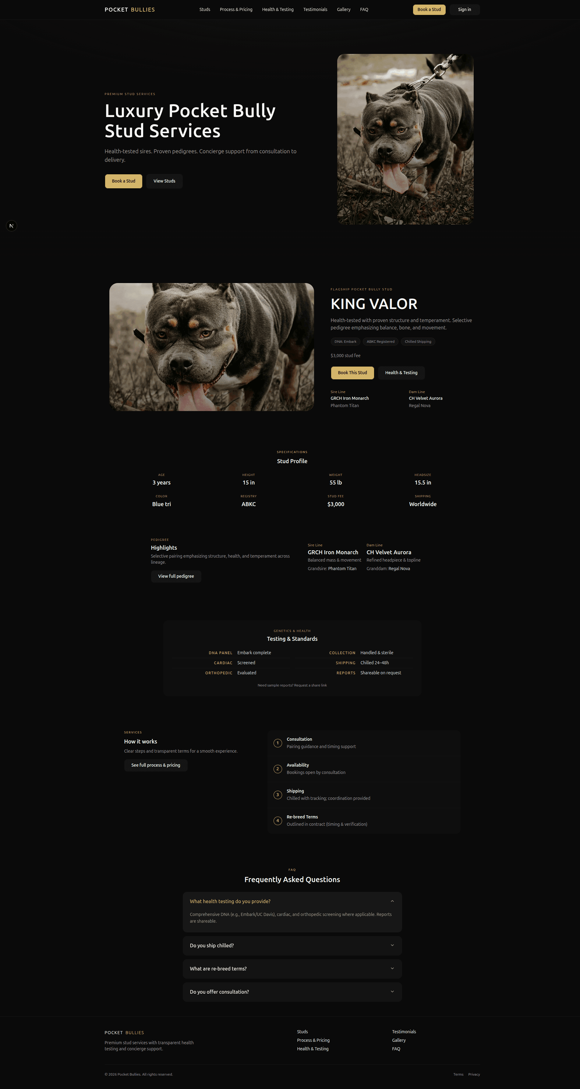 Pocket Bullies website homepage with premium stud services hero and King Valor flagship stud section
